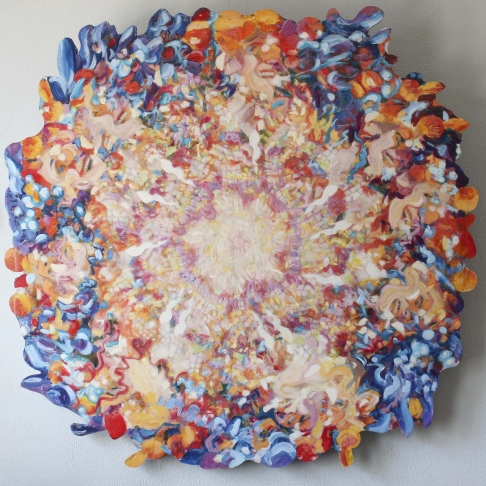 Laughing Mandala in 5-7 Time by Connor McManus | Gel transfer, acrylic, and resin on birch panel Laughing Mandala in 5-7 Time